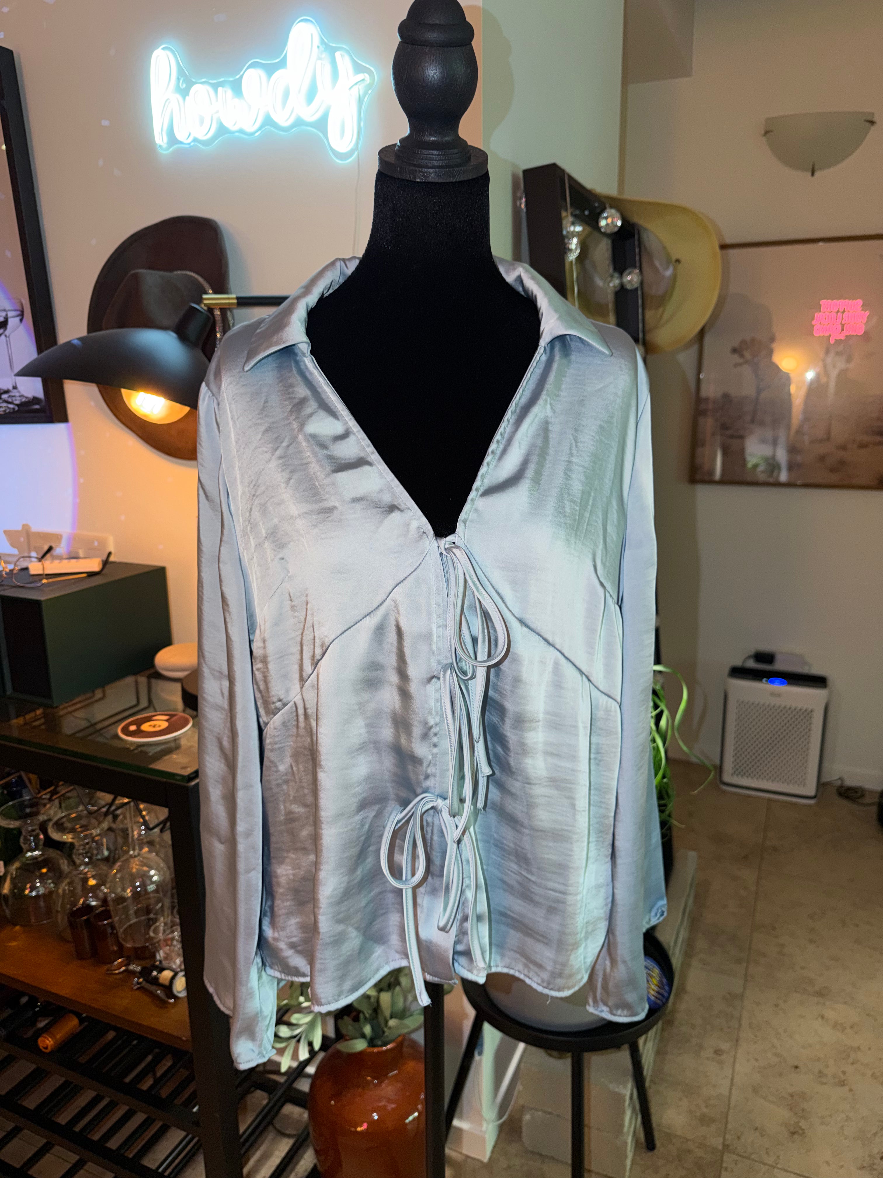 'a new day' Pale Blue Satin Tie-Front Blouse