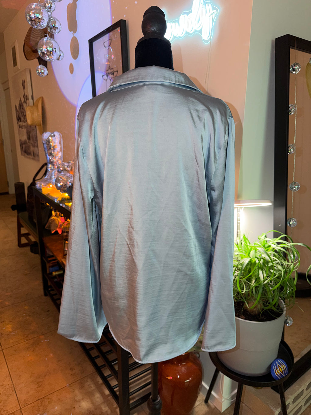 'a new day' Pale Blue Satin Tie-Front Blouse