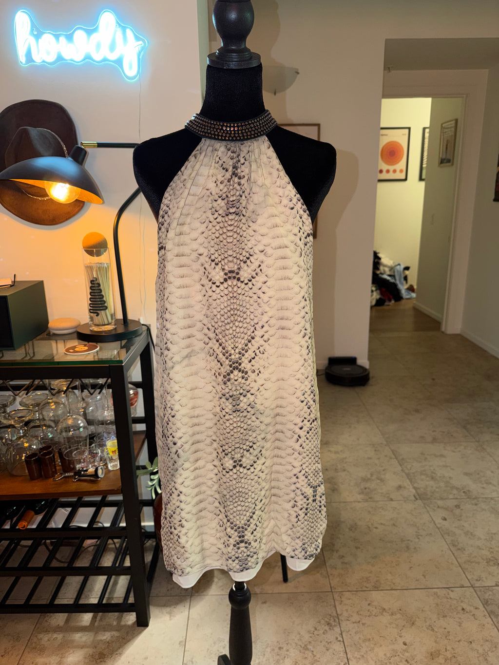 Haute Hippie Snake-Print Halter Mini Dress | Cream & Gray Chic