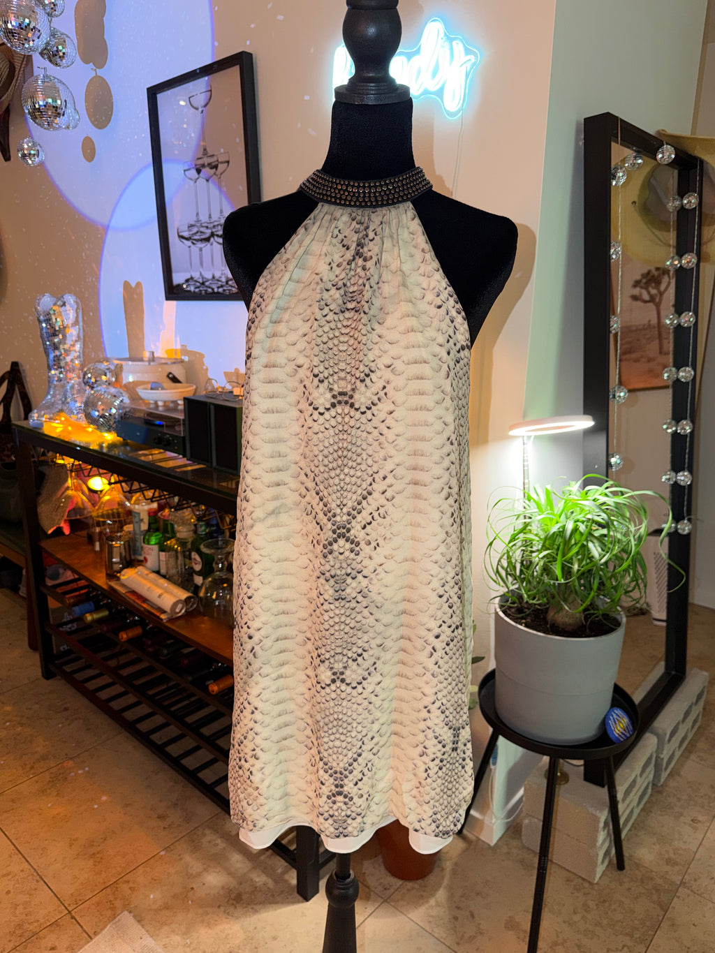 Haute Hippie Snake-Print Halter Mini Dress | Cream & Gray Chic