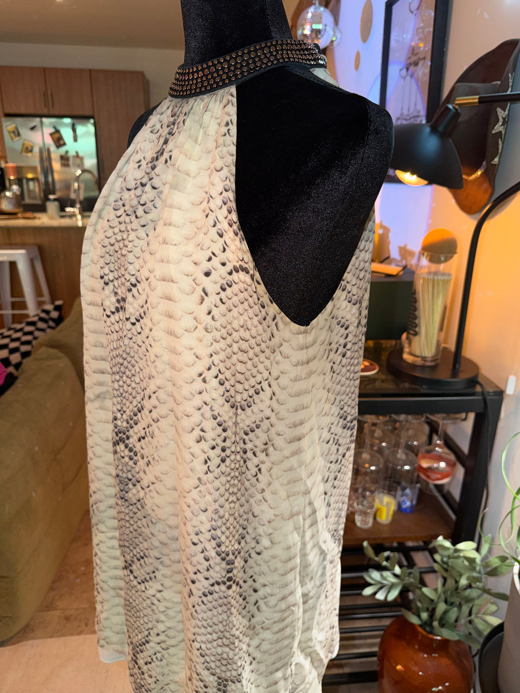 Haute Hippie Snake-Print Halter Mini Dress | Cream & Gray Chic
