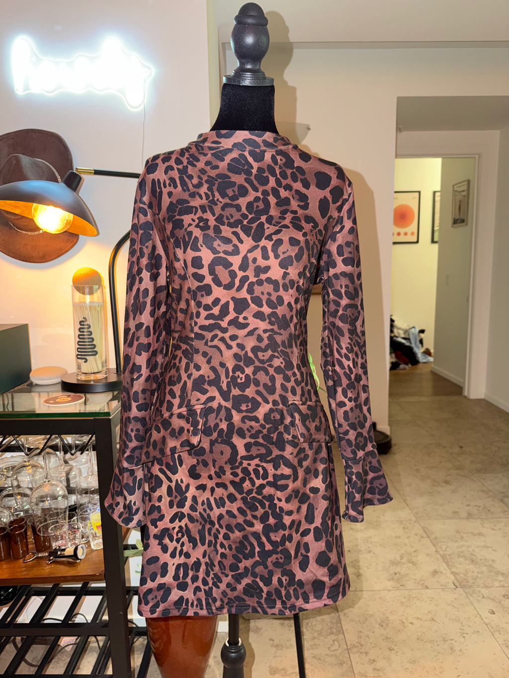 Fleece-Lined Brown Leopard Print Mini Dress | Cozy Winter Chic