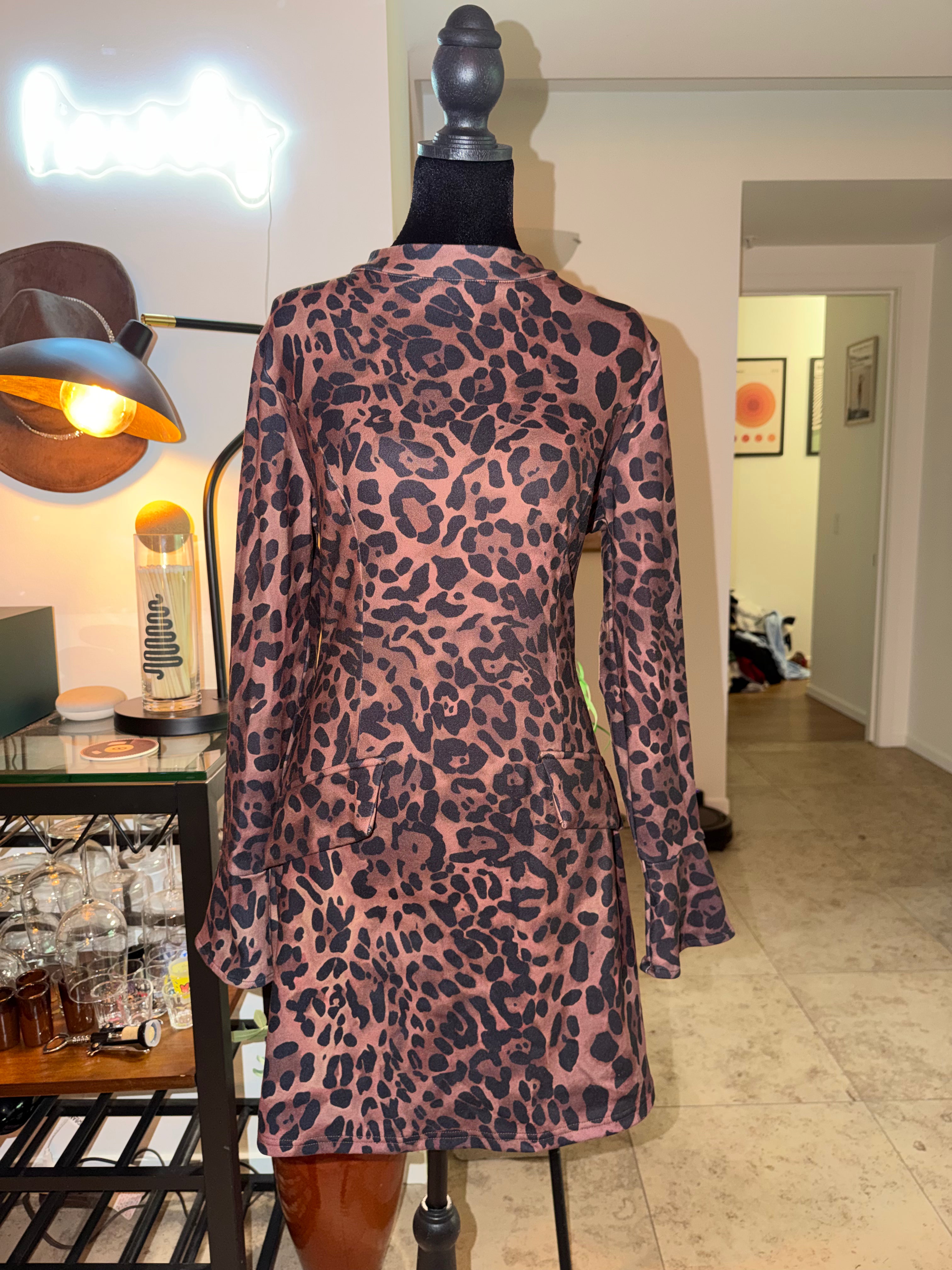 Fleece-Lined Brown Leopard Print Mini Dress | Cozy Winter Chic