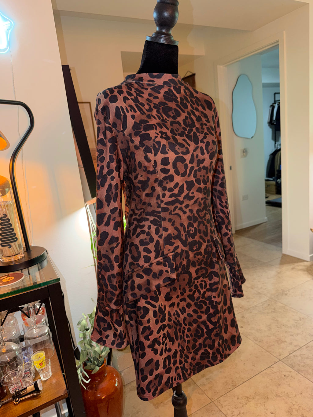 Fleece-Lined Brown Leopard Print Mini Dress | Cozy Winter Chic