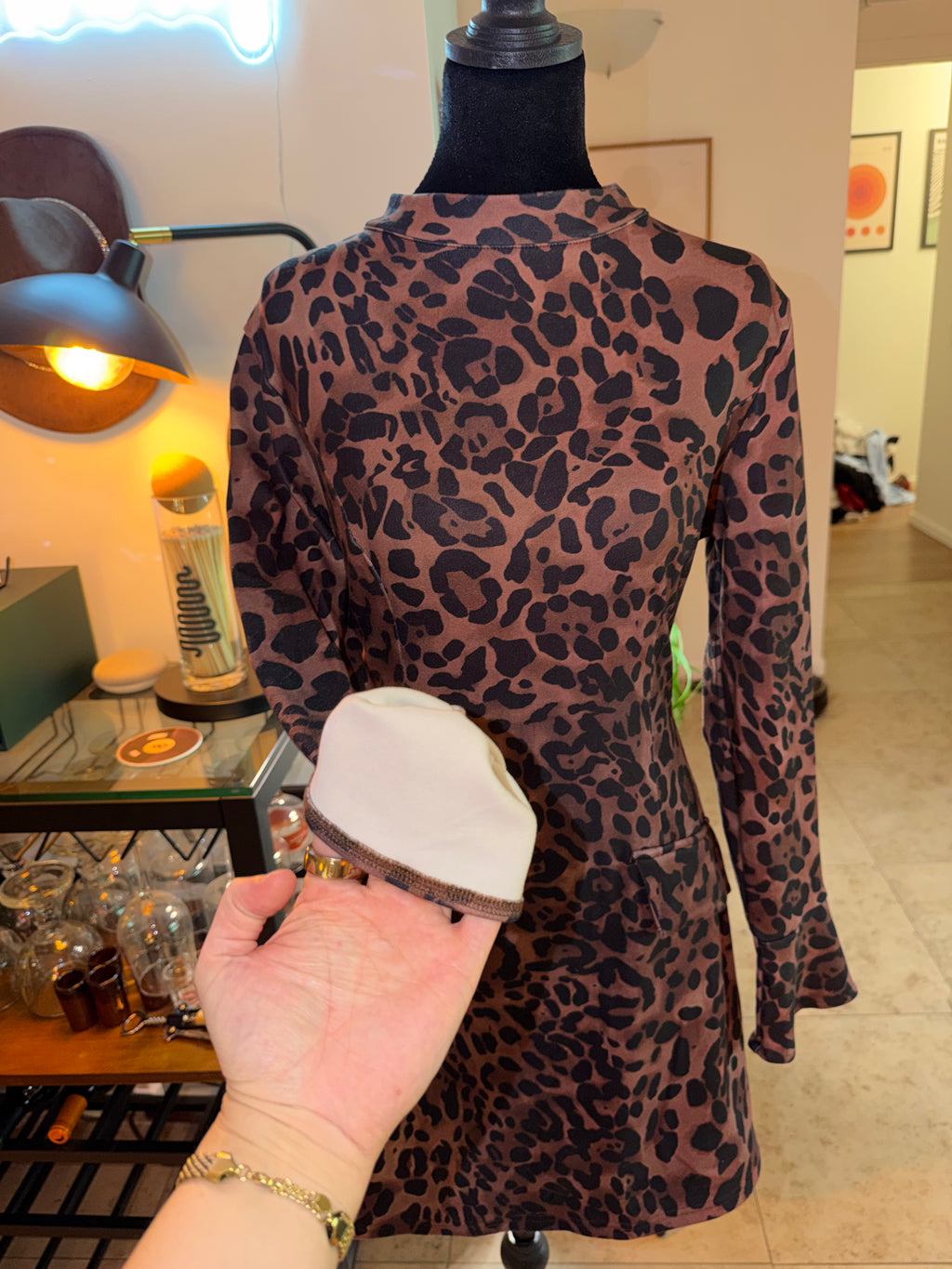 Fleece-Lined Brown Leopard Print Mini Dress | Cozy Winter Chic