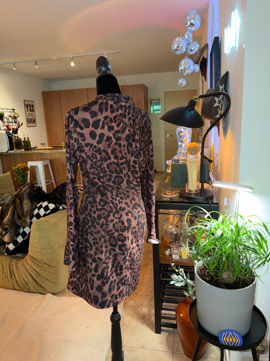Fleece-Lined Brown Leopard Print Mini Dress | Cozy Winter Chic