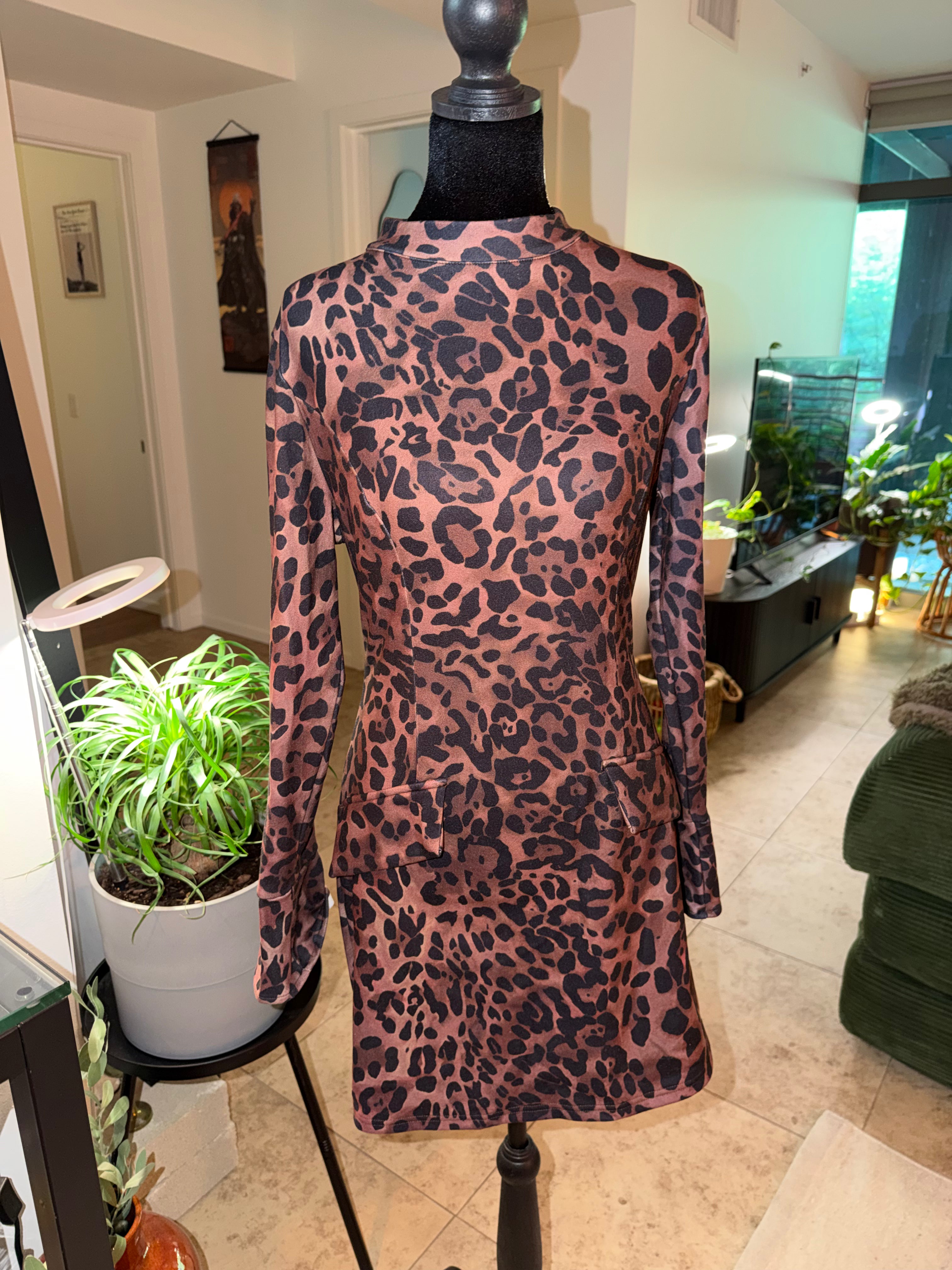 Fleece-Lined Brown Leopard Print Mini Dress | Cozy Winter Chic