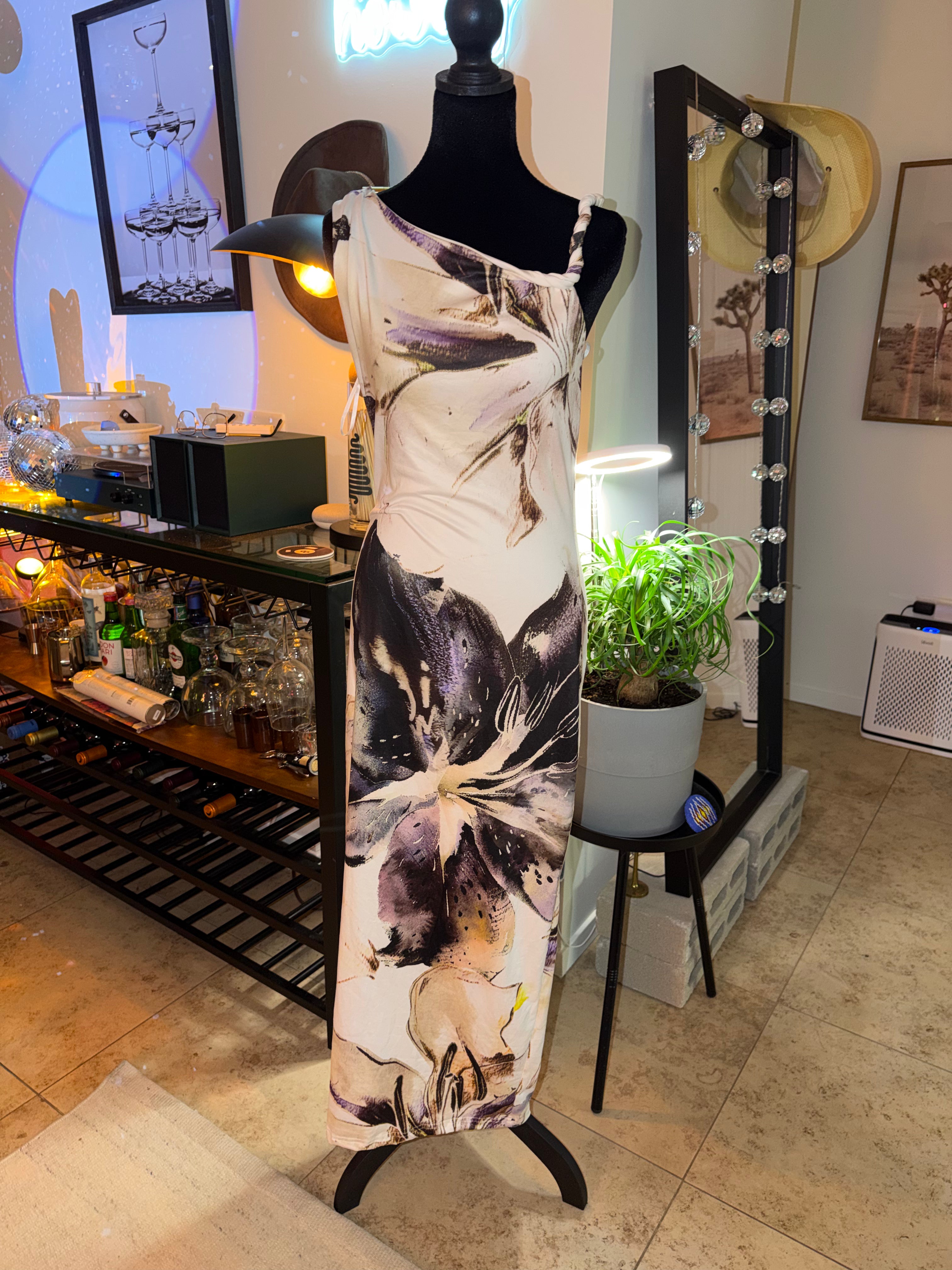 One-Shoulder Floral Maxi Dress | Moody Watercolor Slip Style