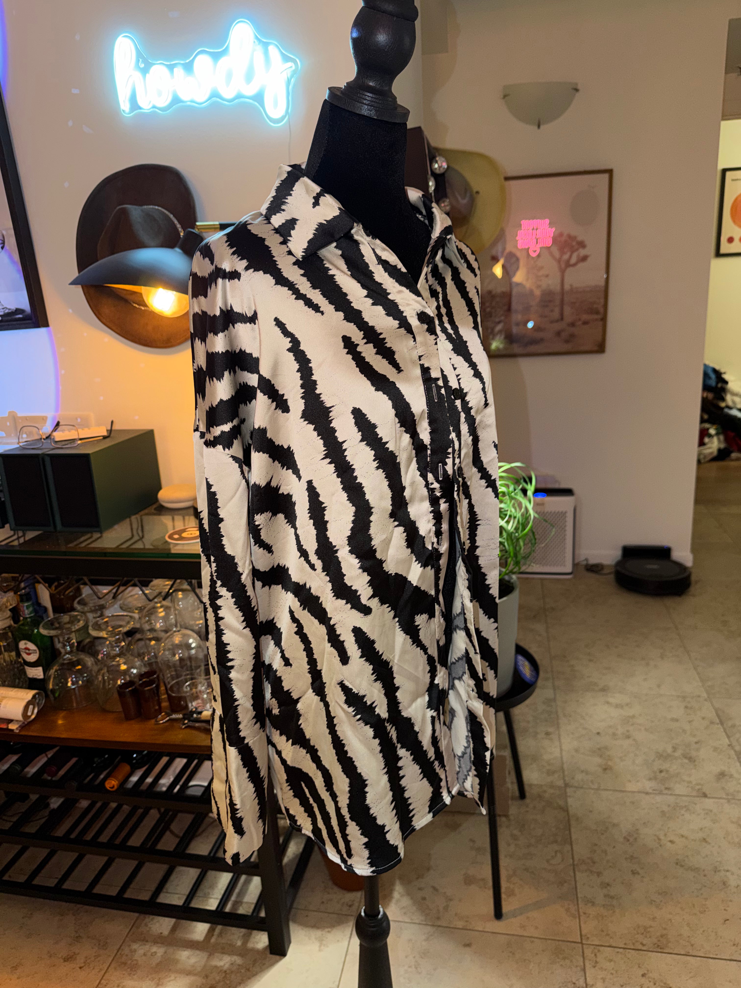 Black & White Zebra Print Button-Up Shirt | Bold Statement Layer