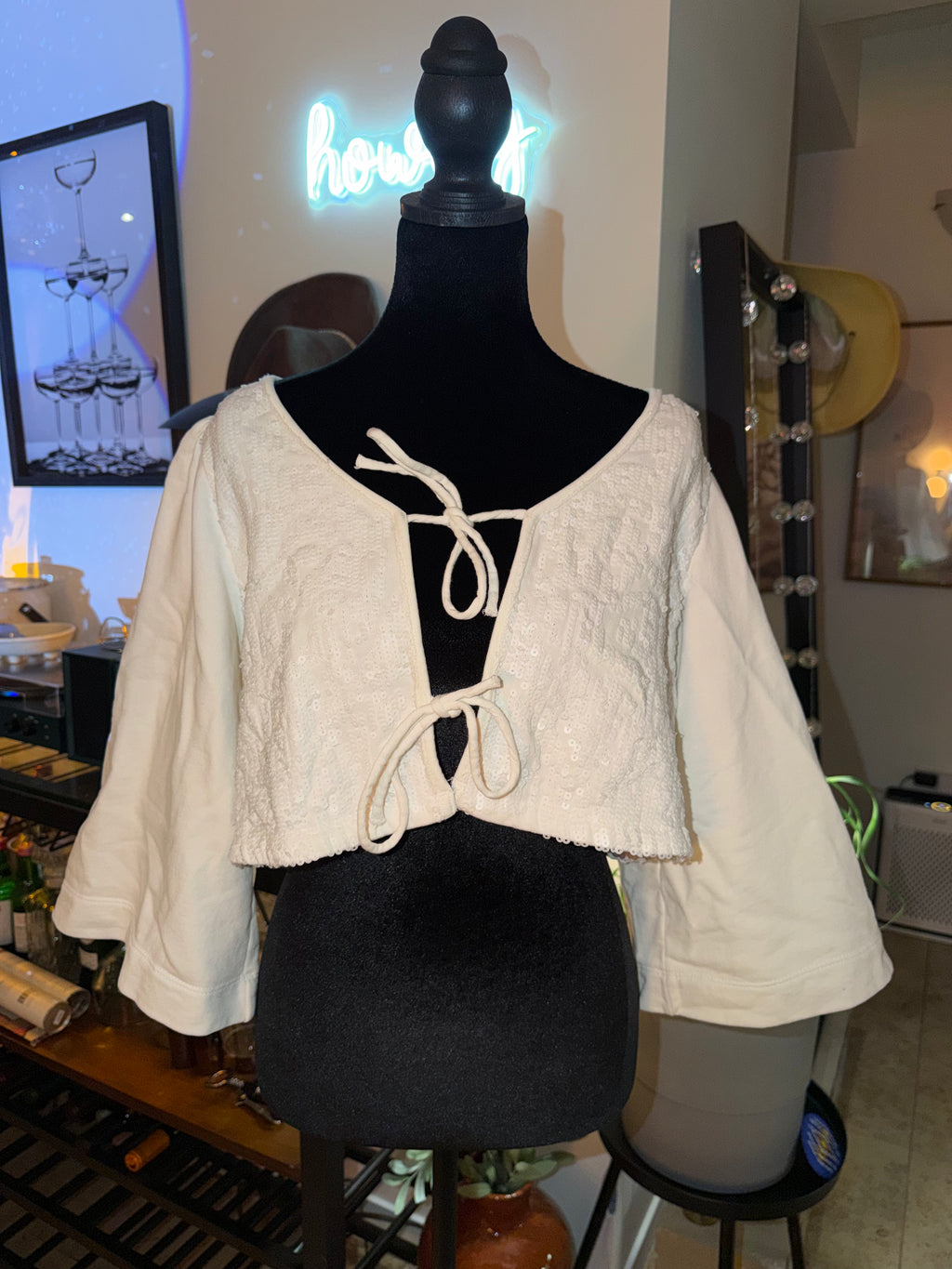 Anthropologie Cream Tie-Front Cropped Top | Soft Boho Cottage Chic