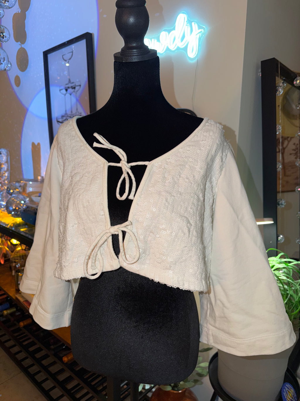 Anthropologie Cream Tie-Front Cropped Top | Soft Boho Cottage Chic