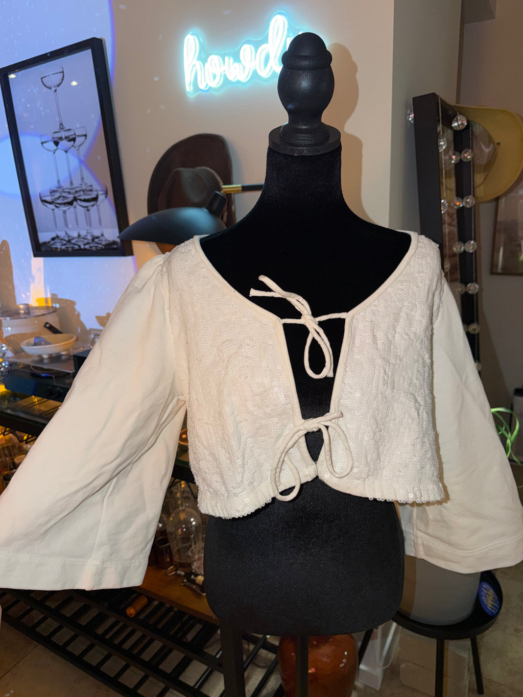 Anthropologie Cream Tie-Front Cropped Top | Soft Boho Cottage Chic