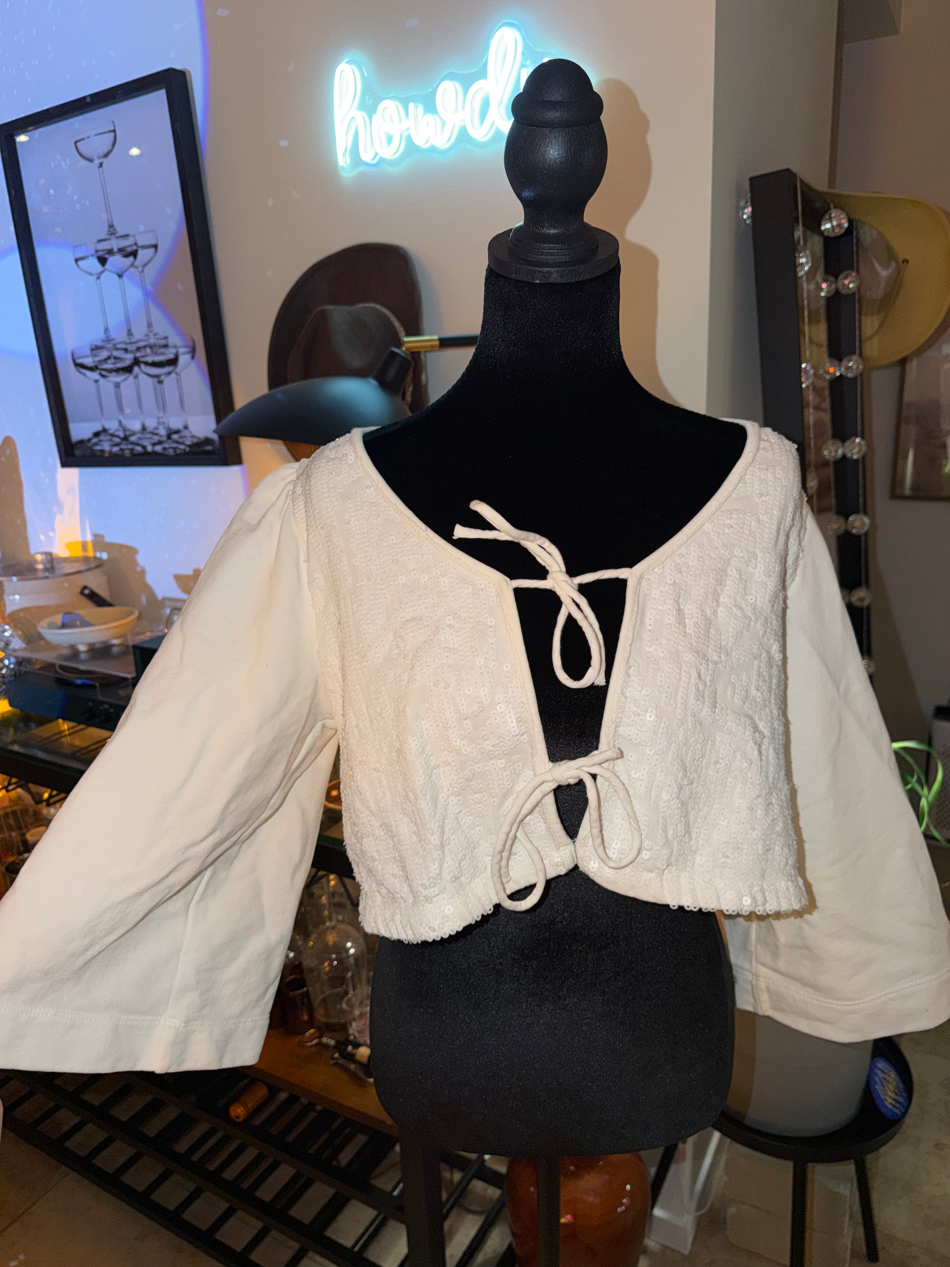 Anthropologie Cream Tie-Front Cropped Top | Soft Boho Cottage Chic