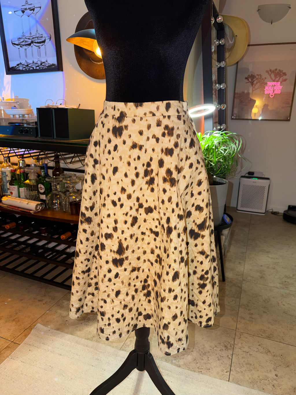 Tahari Leopard Print Skater Skirt | Beige & Black Flowy Chic