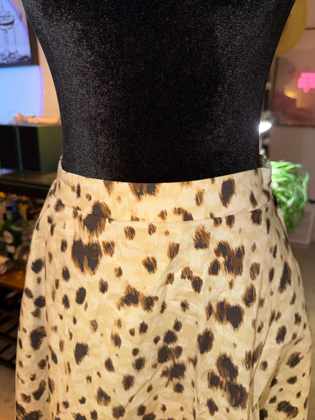 Tahari Leopard Print Skater Skirt | Beige & Black Flowy Chic