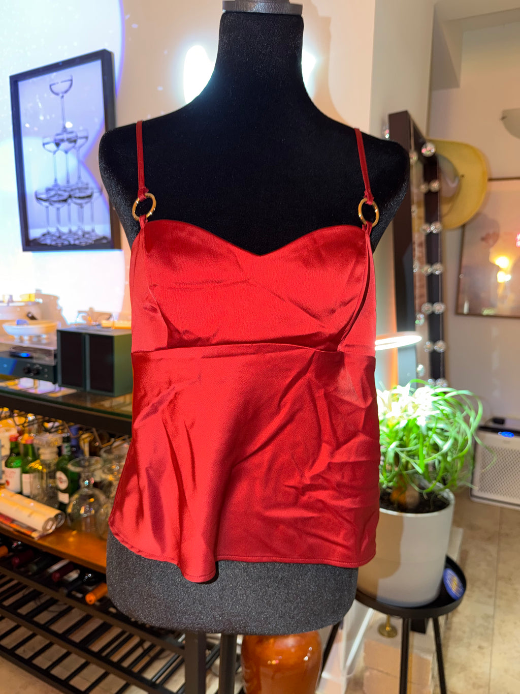'silence + noise' Red Satin Cami with Gold Ring Straps | Date Night Chic