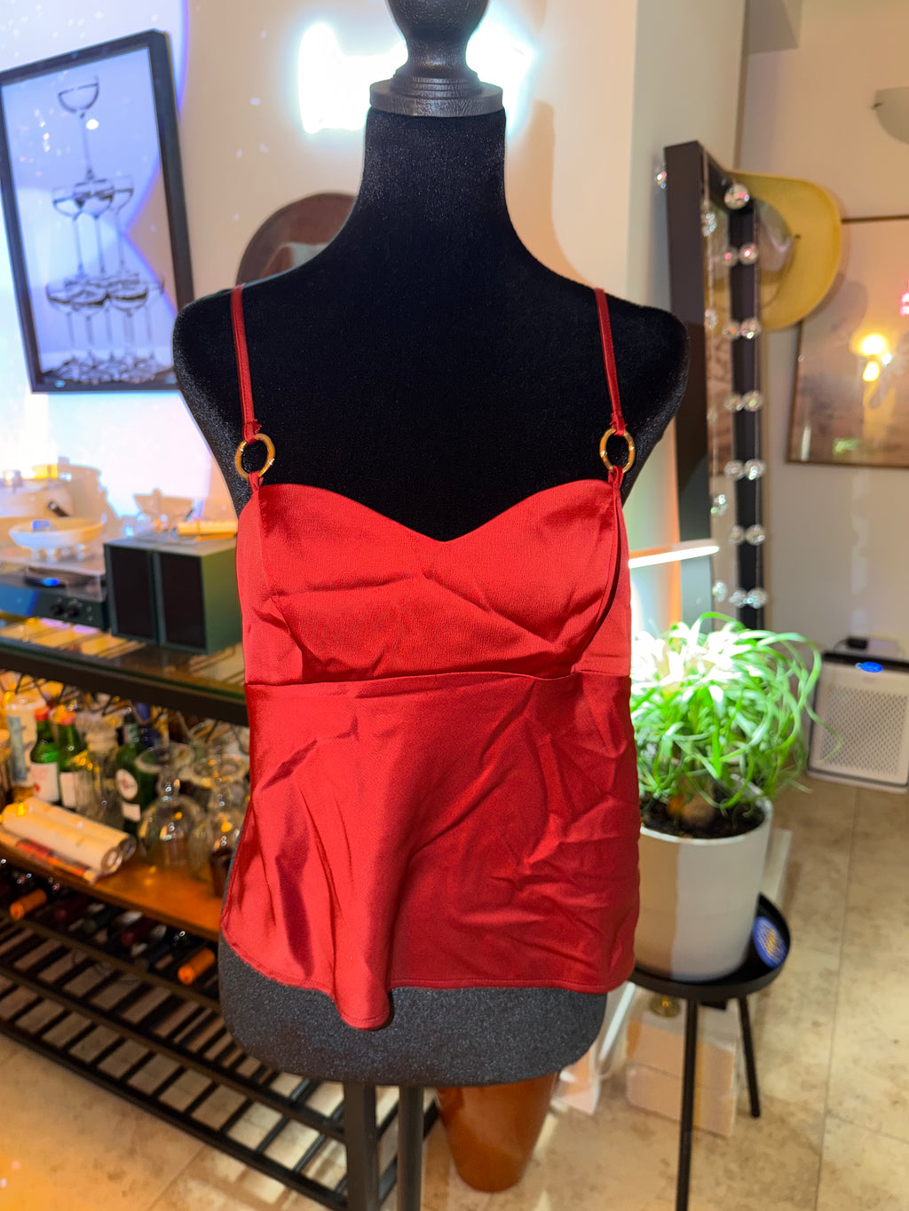 'silence + noise' Red Satin Cami with Gold Ring Straps | Date Night Chic