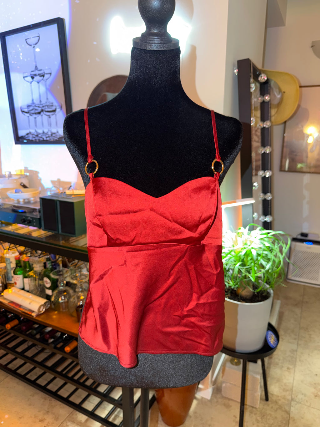'silence + noise' Red Satin Cami with Gold Ring Straps | Date Night Chic