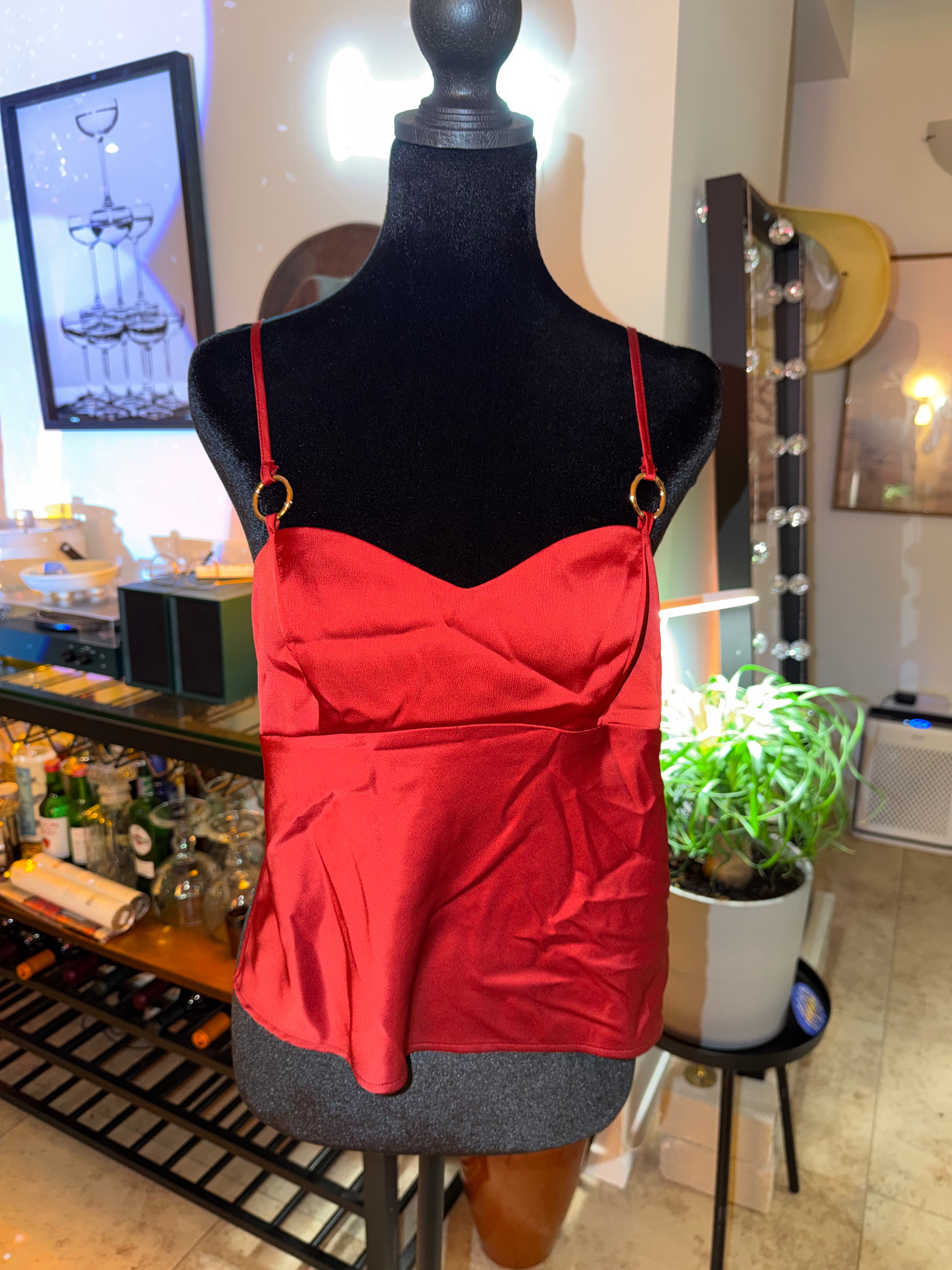 'silence + noise' Red Satin Cami with Gold Ring Straps | Date Night Chic