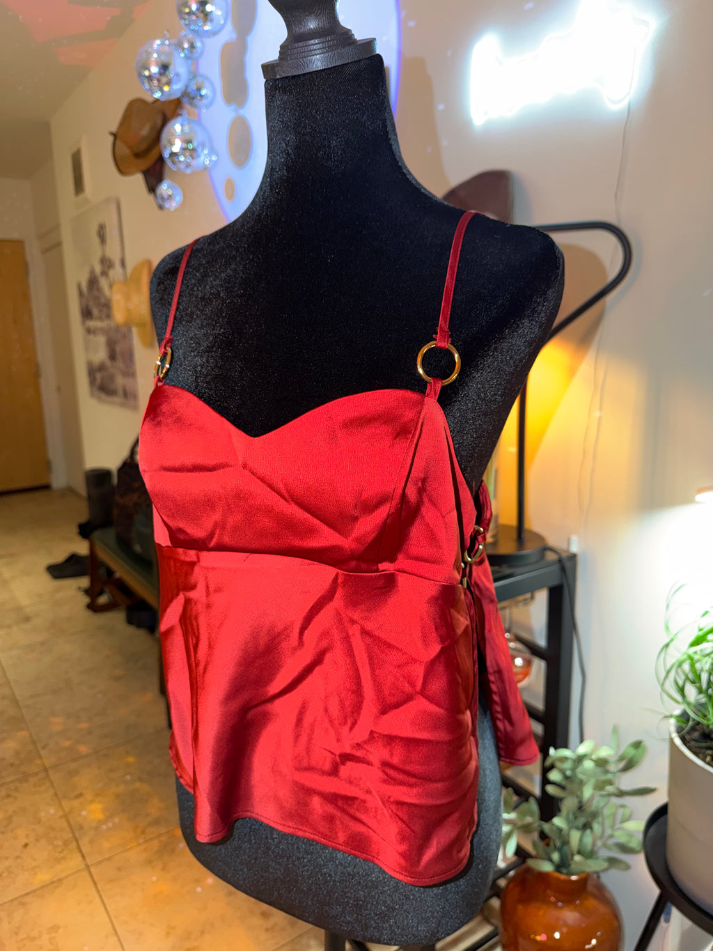 'silence + noise' Red Satin Cami with Gold Ring Straps | Date Night Chic