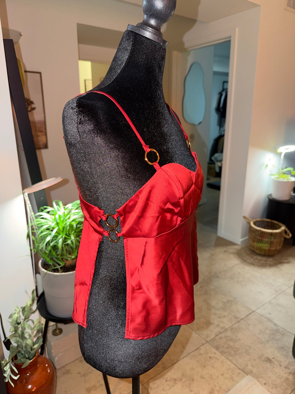 'silence + noise' Red Satin Cami with Gold Ring Straps | Date Night Chic