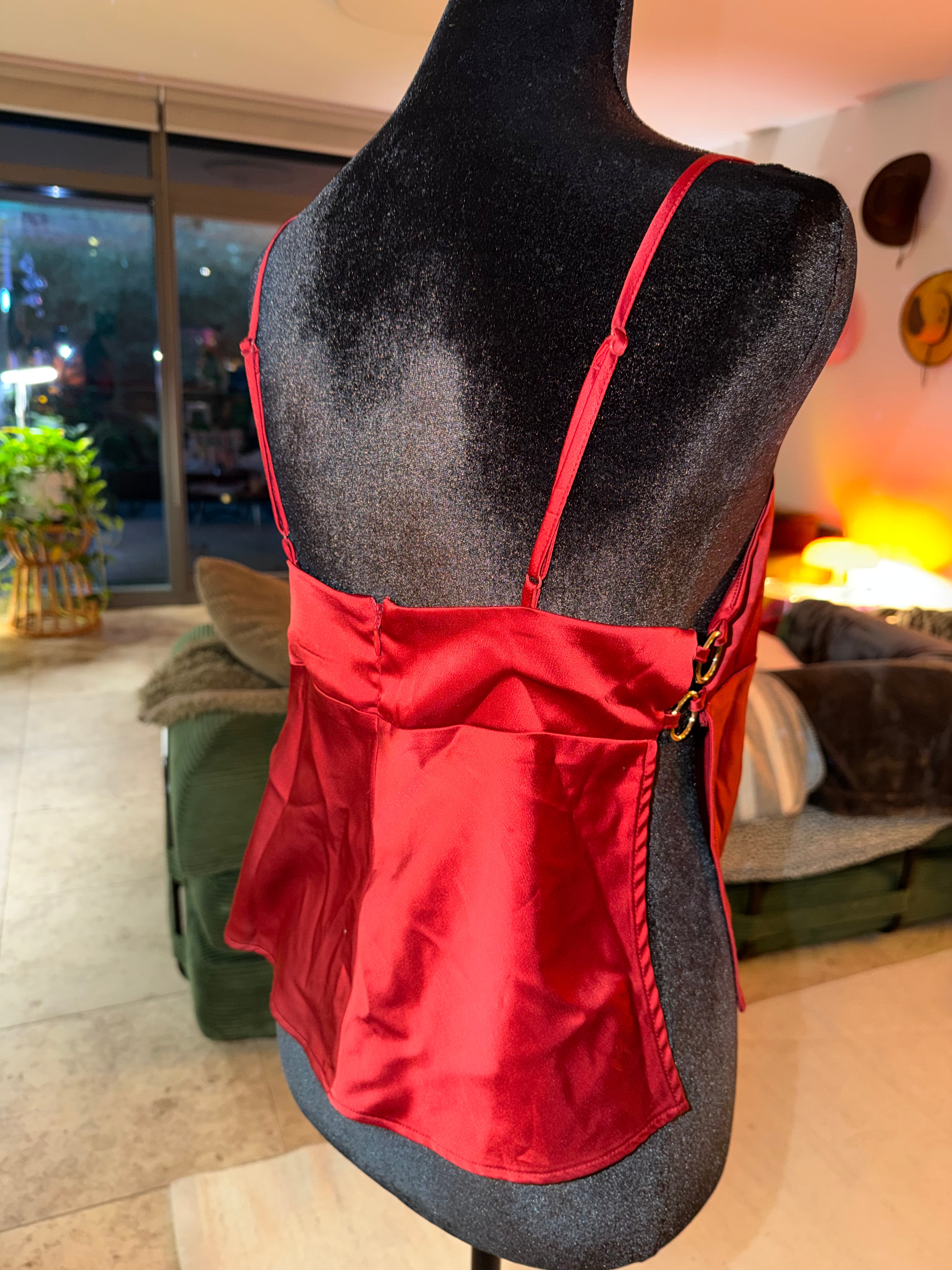 'silence + noise' Red Satin Cami with Gold Ring Straps | Date Night Chic