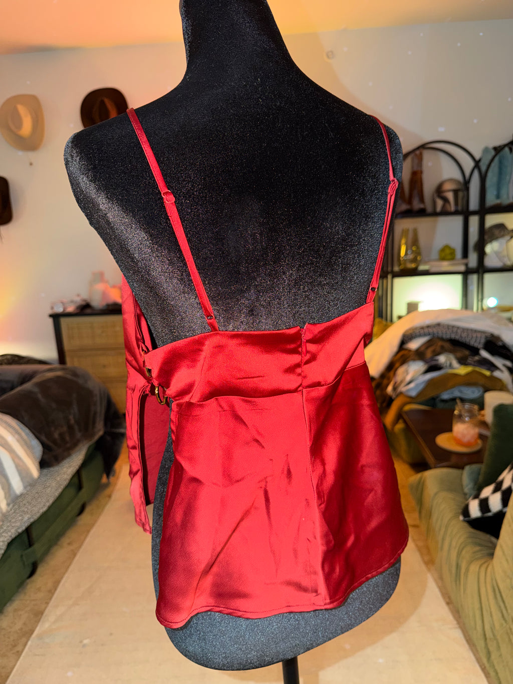 'silence + noise' Red Satin Cami with Gold Ring Straps | Date Night Chic