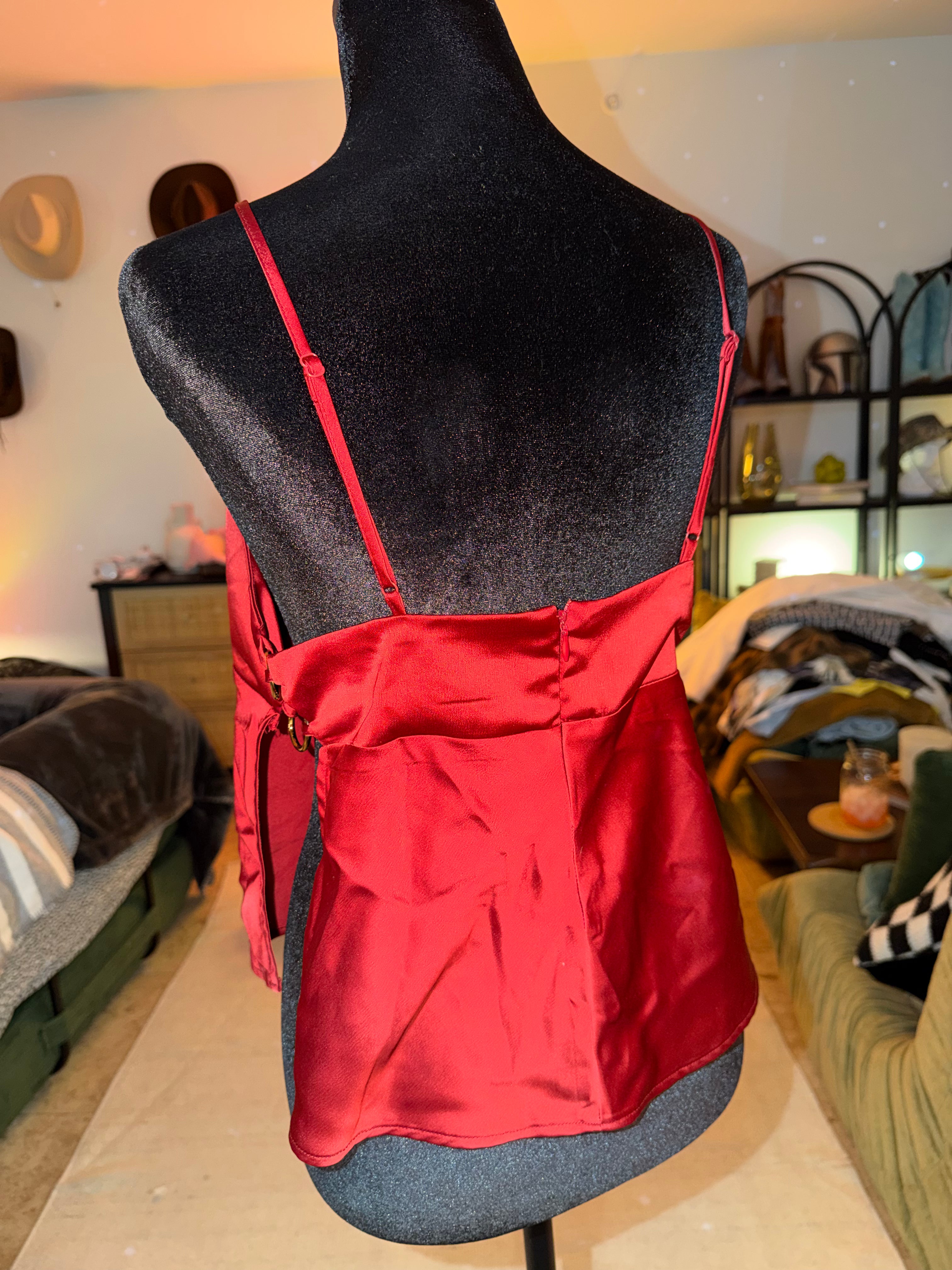 'silence + noise' Red Satin Cami with Gold Ring Straps | Date Night Chic