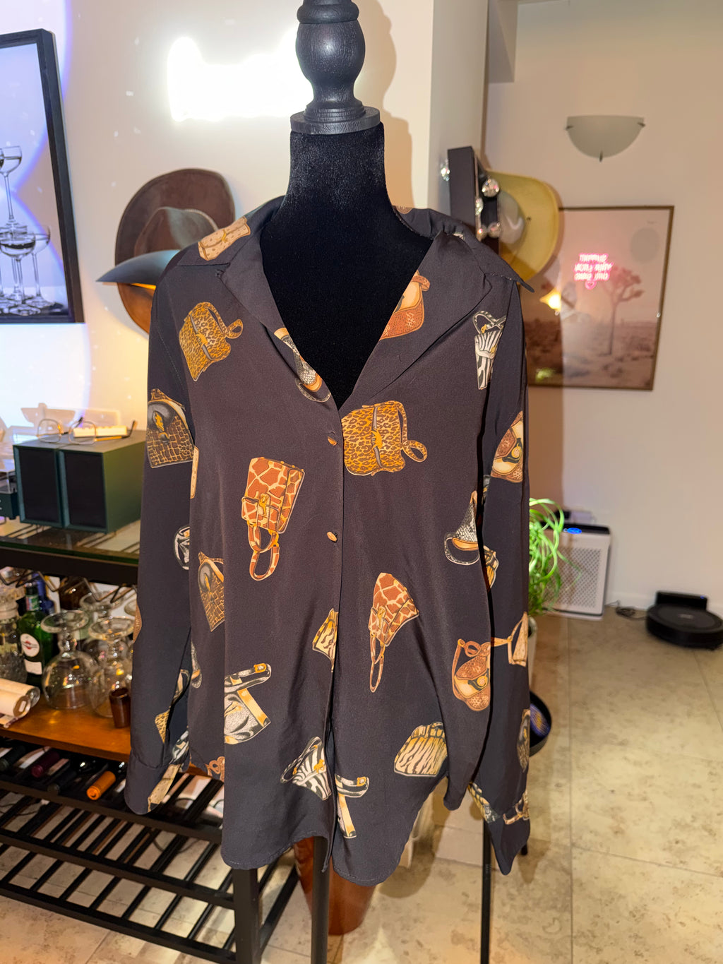 Dress Barn Black Handbag Print Button-Up Blouse | Vintage Novelty Chic