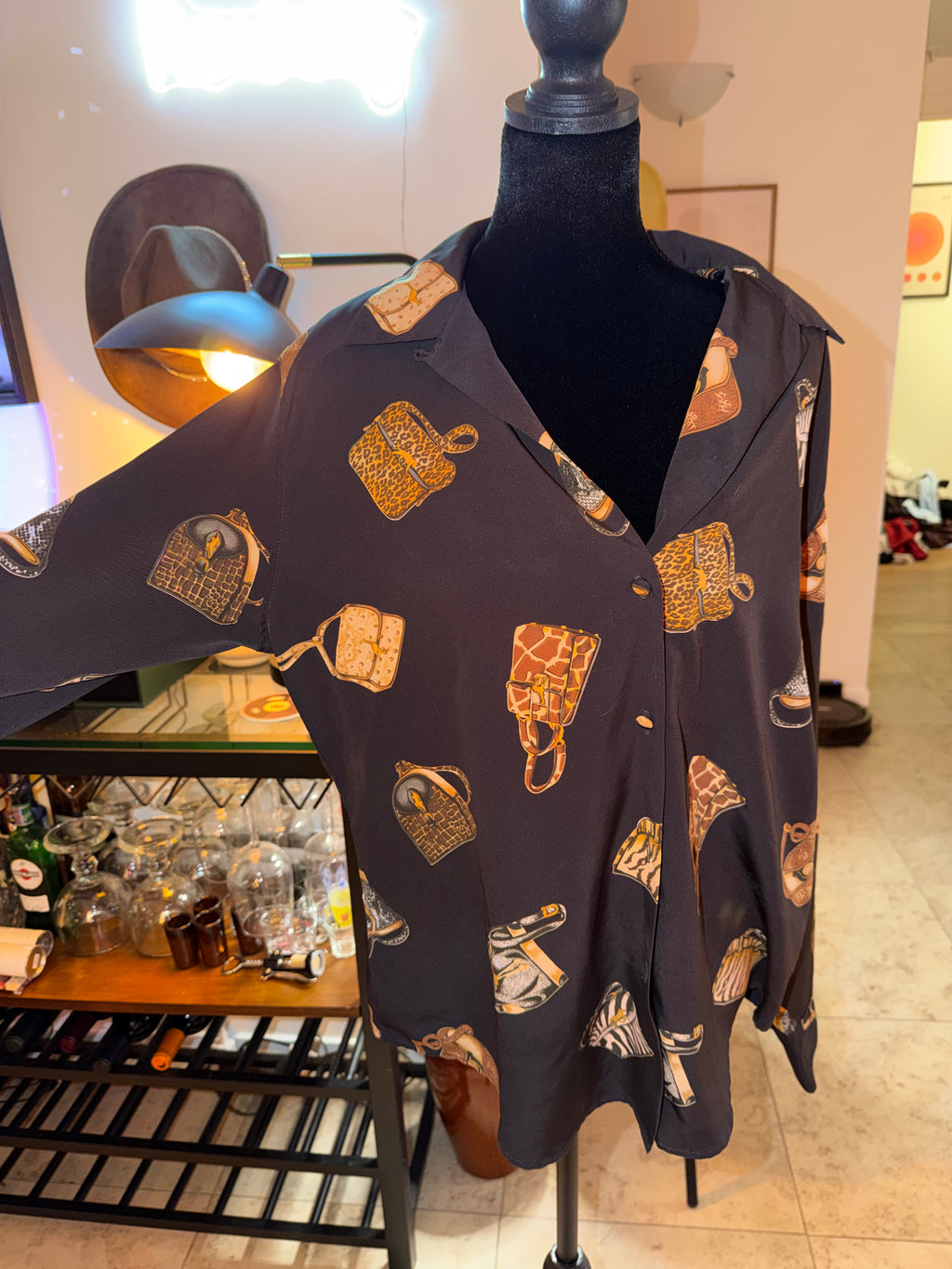 Dress Barn Black Handbag Print Button-Up Blouse | Vintage Novelty Chic