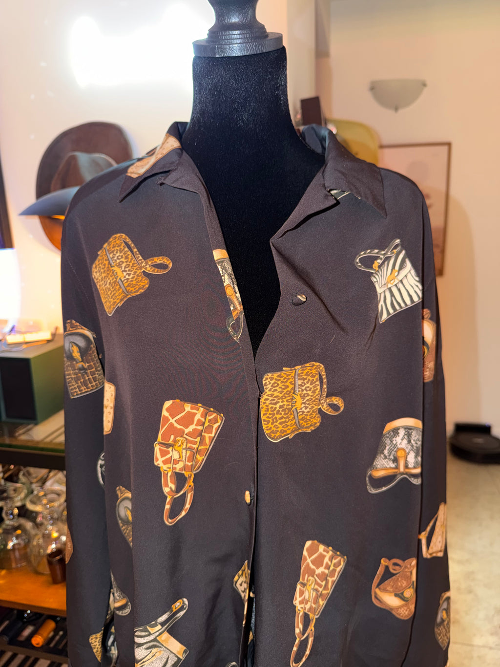 Dress Barn Black Handbag Print Button-Up Blouse | Vintage Novelty Chic