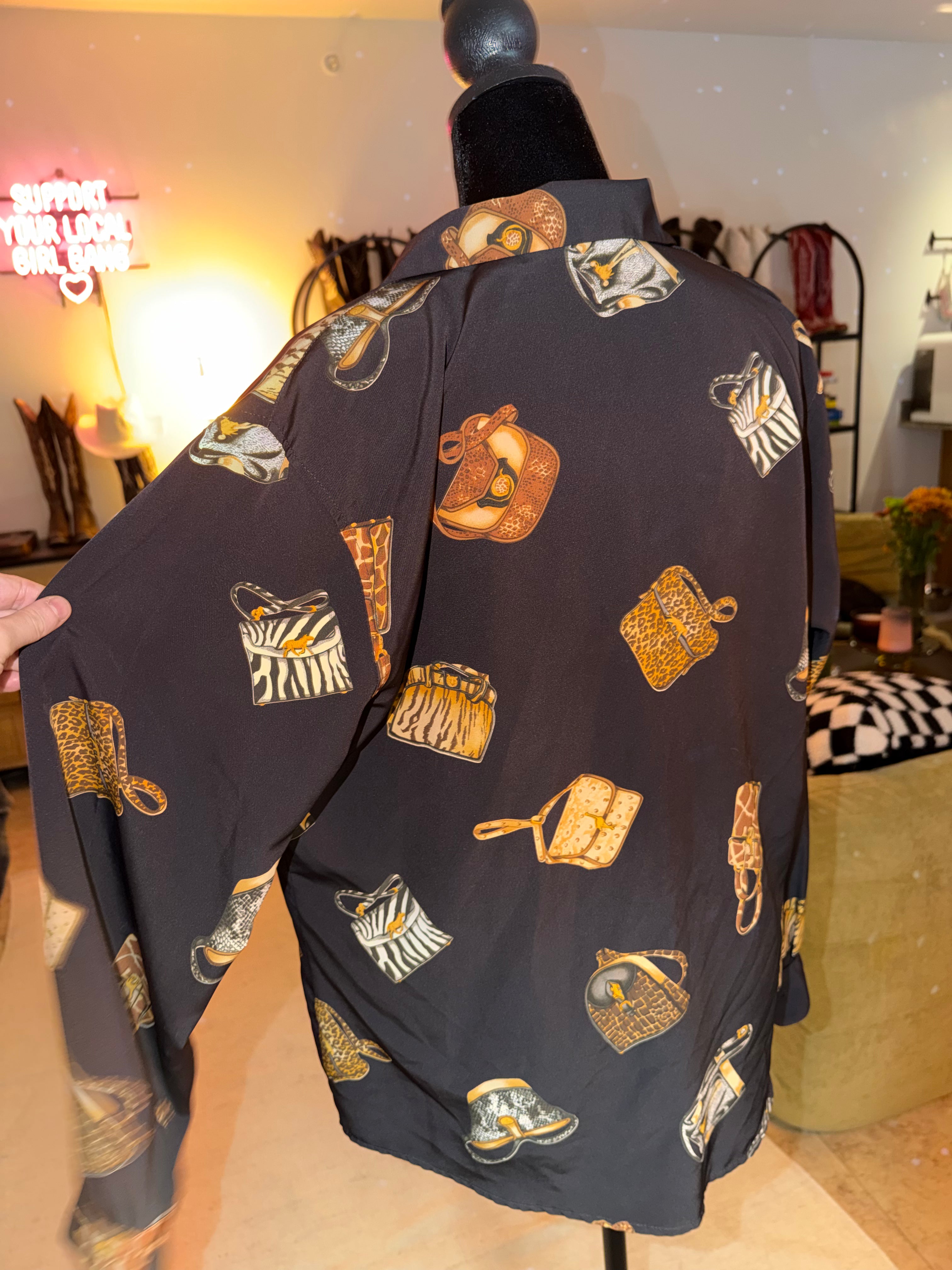 Dress Barn Black Handbag Print Button-Up Blouse | Vintage Novelty Chic