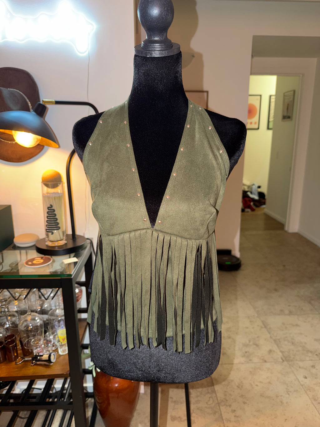 Olive Green Fringe Halter Crop Top | Western Festival Chic