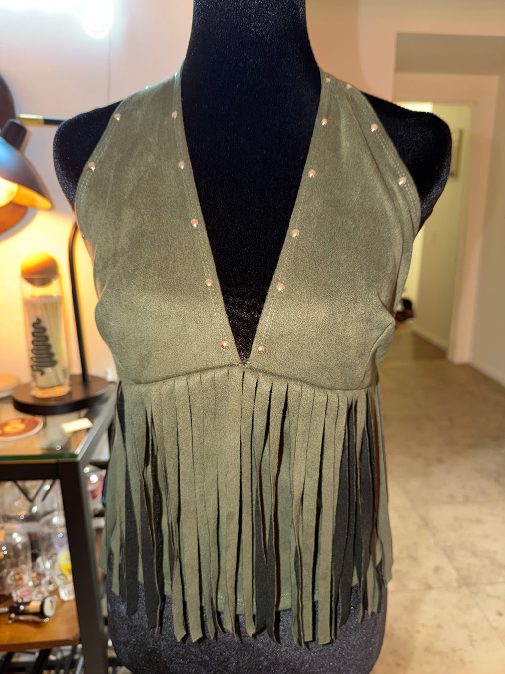 Olive Green Fringe Halter Crop Top | Western Festival Chic