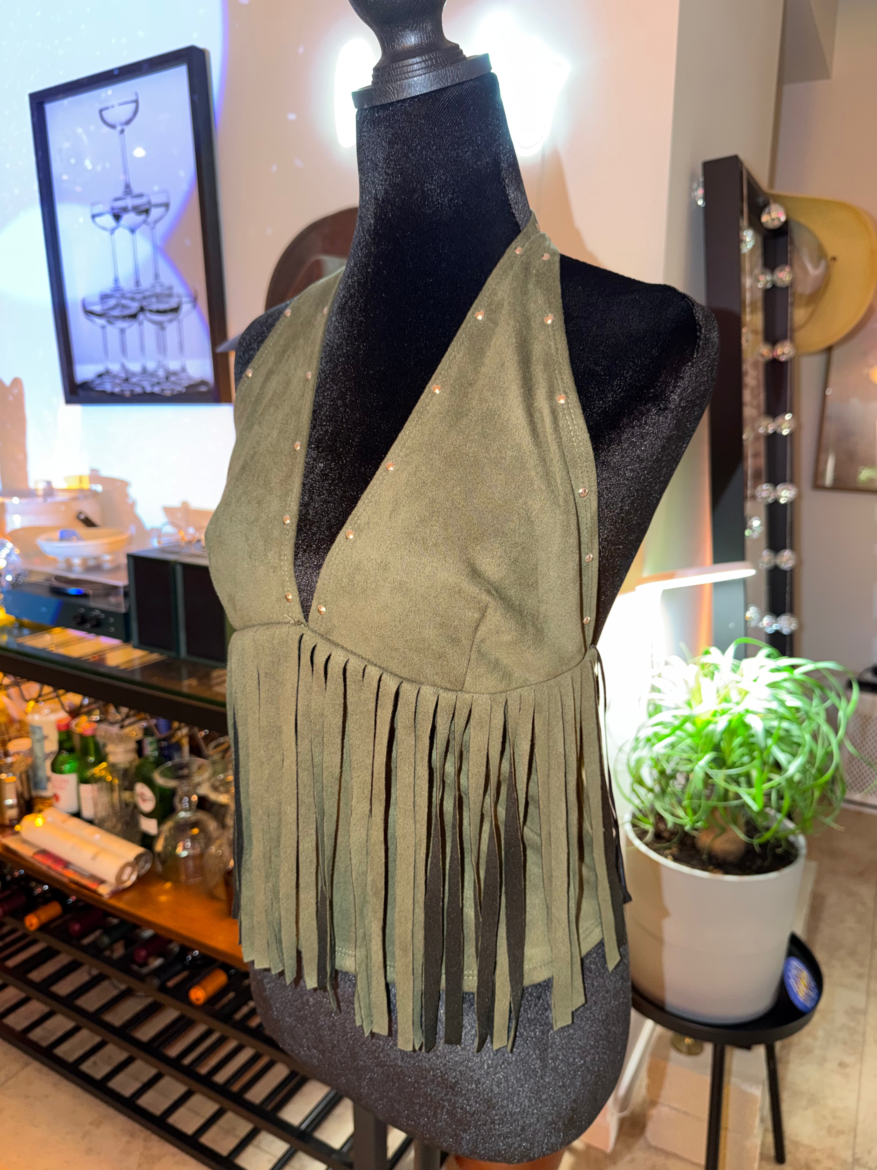 Olive Green Fringe Halter Crop Top | Western Festival Chic