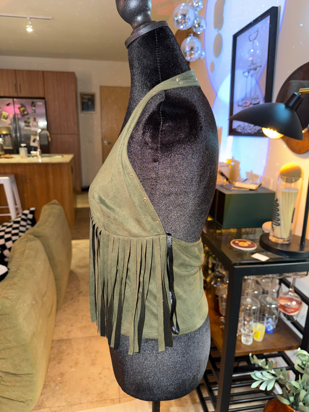 Olive Green Fringe Halter Crop Top | Western Festival Chic