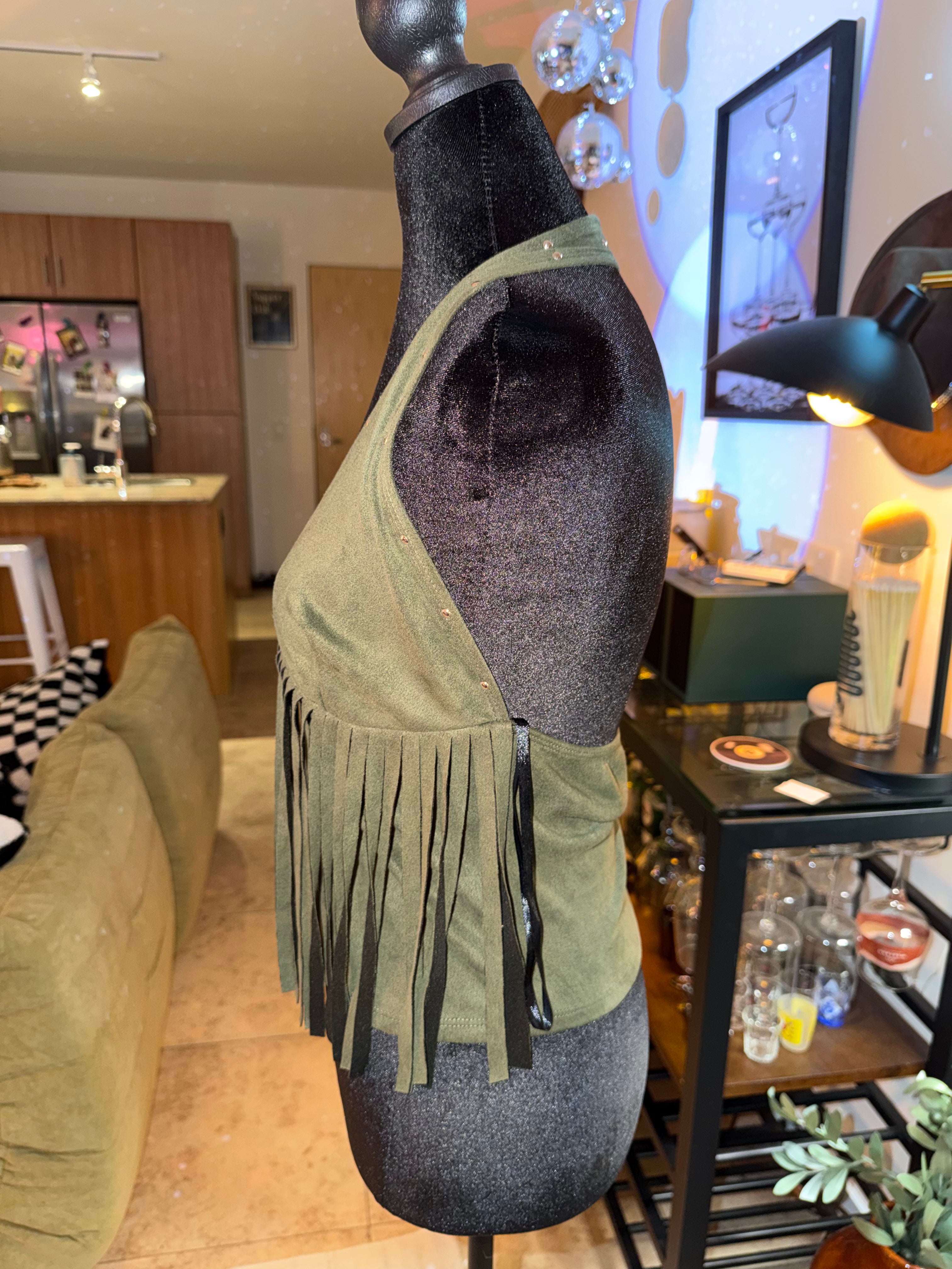 Olive Green Fringe Halter Crop Top | Western Festival Chic