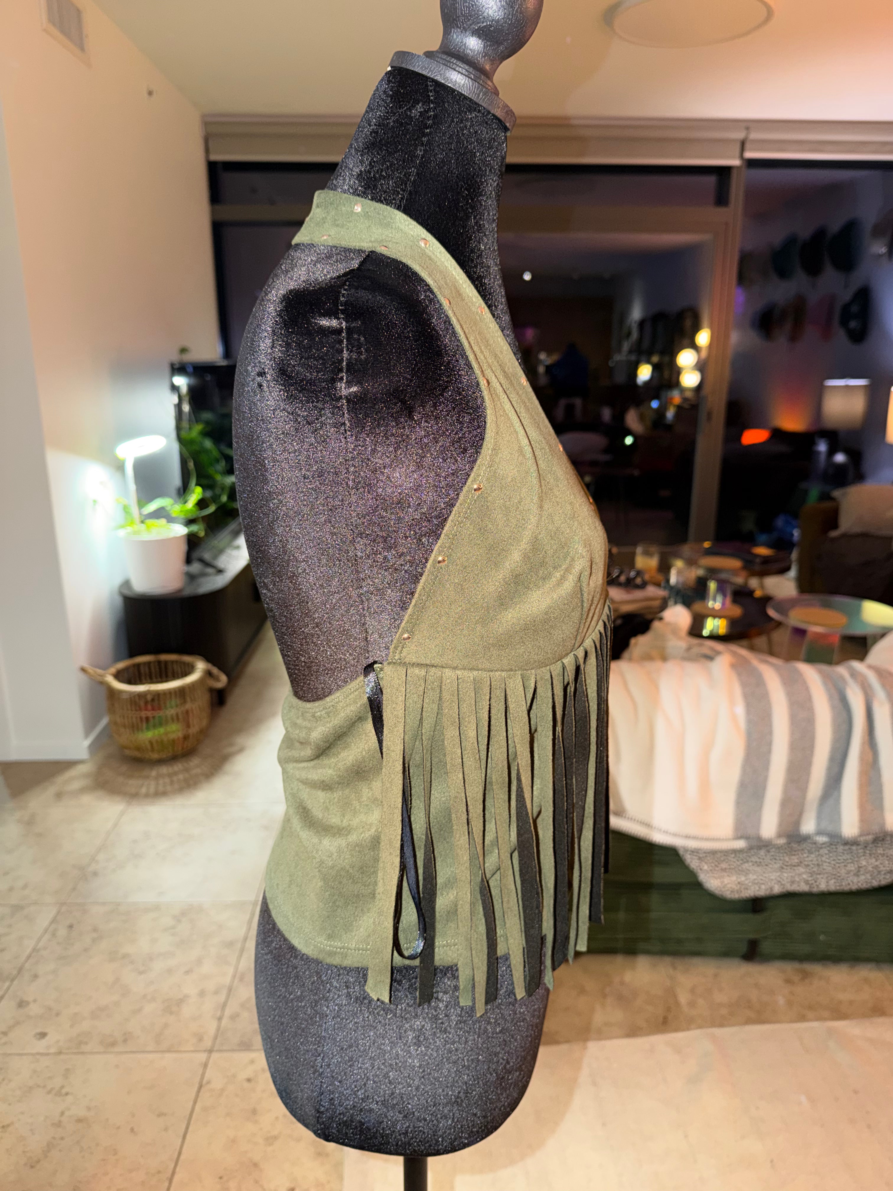 Olive Green Fringe Halter Crop Top | Western Festival Chic