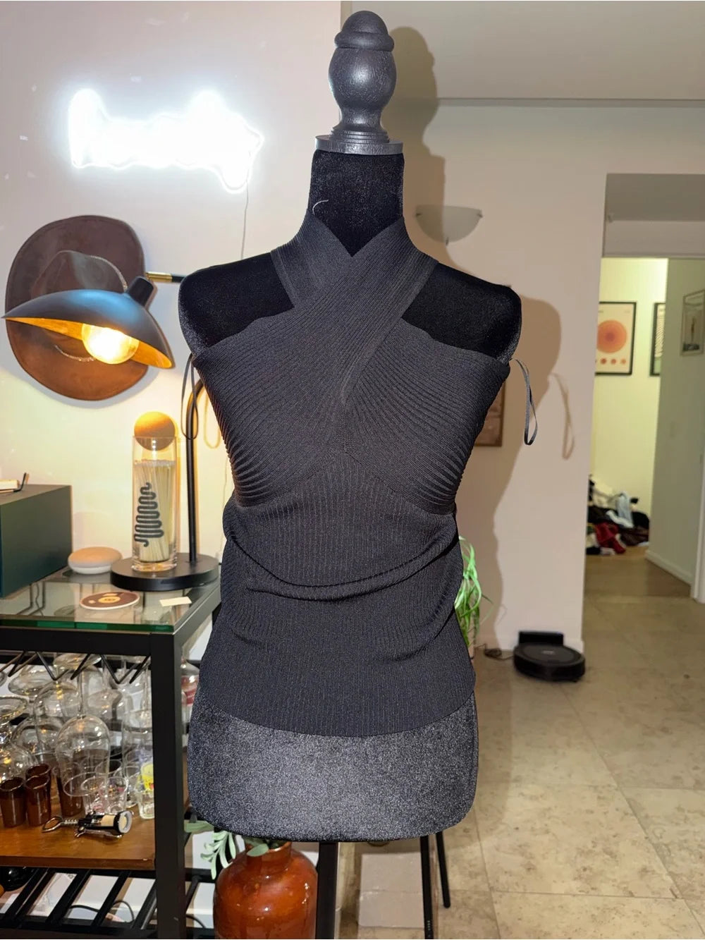 Zara Black Ribbed Knit Crossover Halter Top | Sleek Going-Out Basic