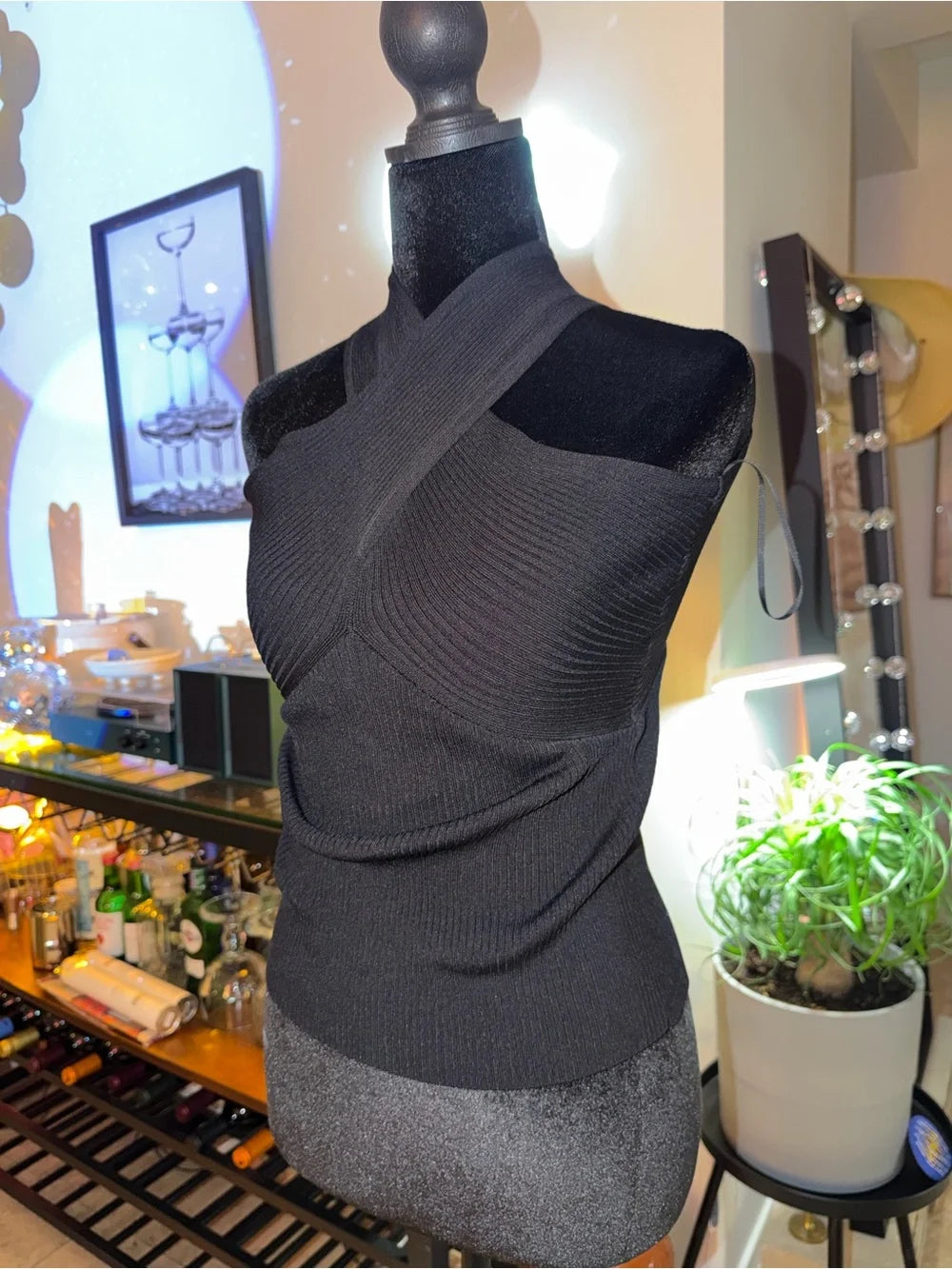 Zara Black Ribbed Knit Crossover Halter Top | Sleek Going-Out Basic