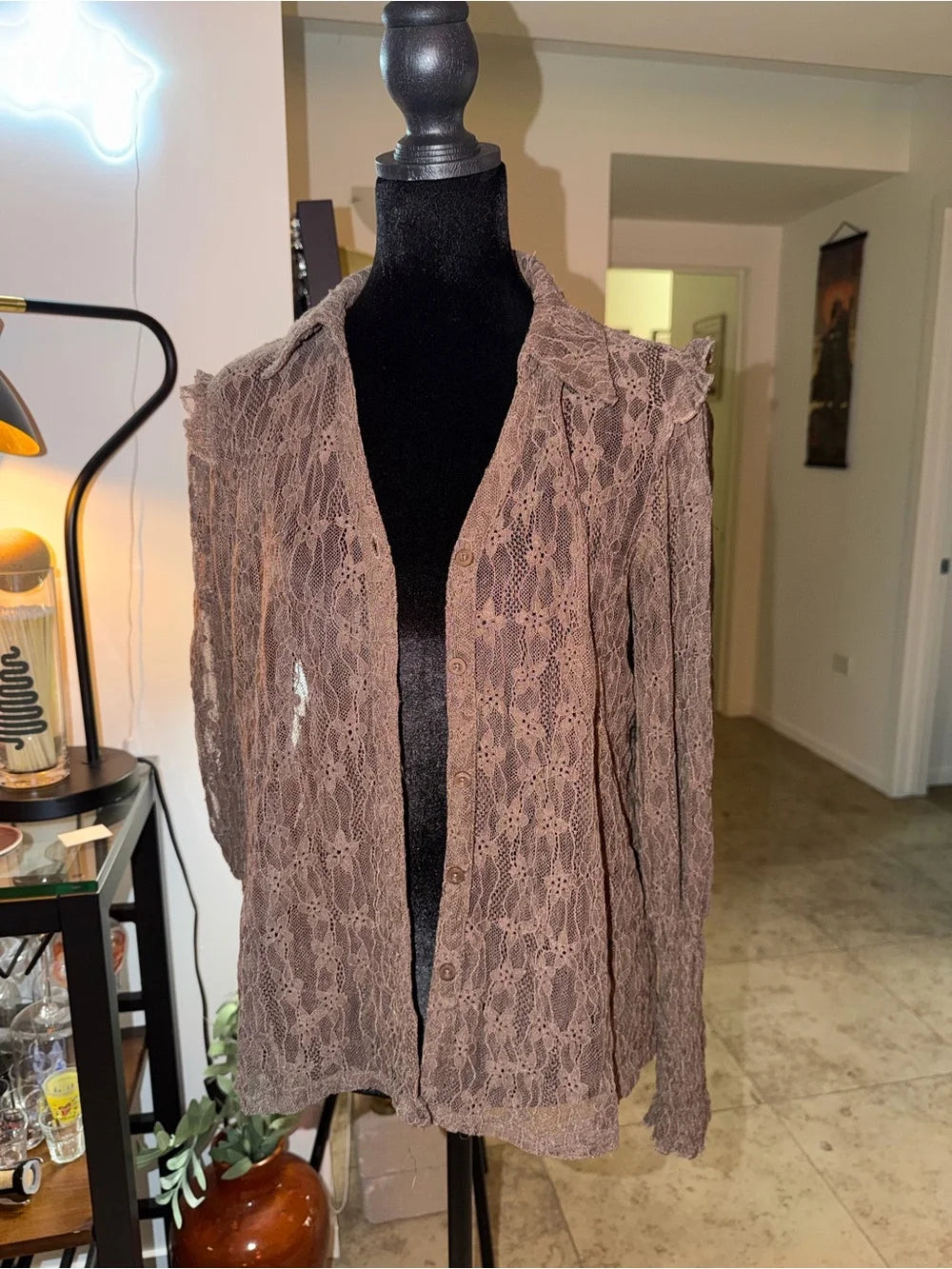 Amber Sceats Brown Sheer Lace Button-Up Shirt | Vintage Romantic Layer