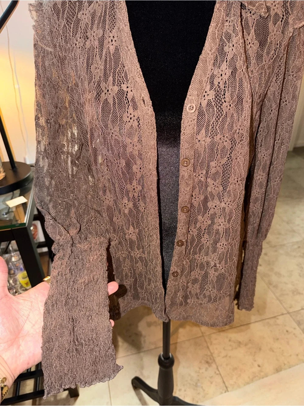 Amber Sceats Brown Sheer Lace Button-Up Shirt | Vintage Romantic Layer