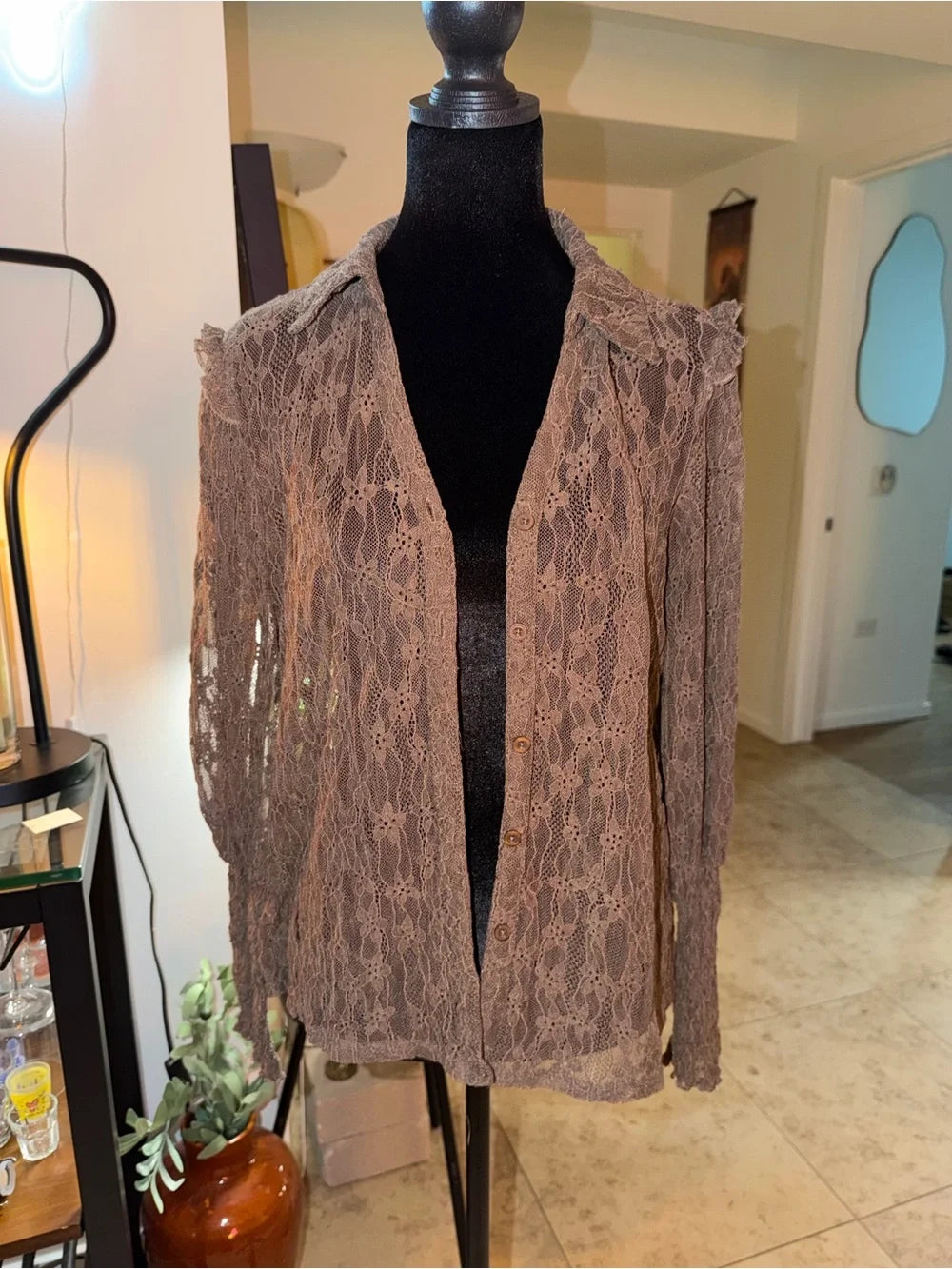 Amber Sceats Brown Sheer Lace Button-Up Shirt | Vintage Romantic Layer