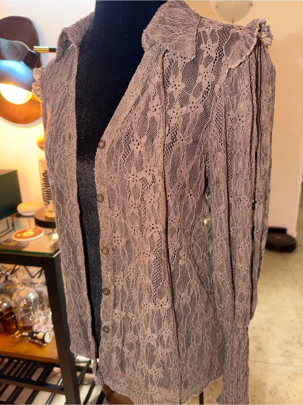 Amber Sceats Brown Sheer Lace Button-Up Shirt | Vintage Romantic Layer