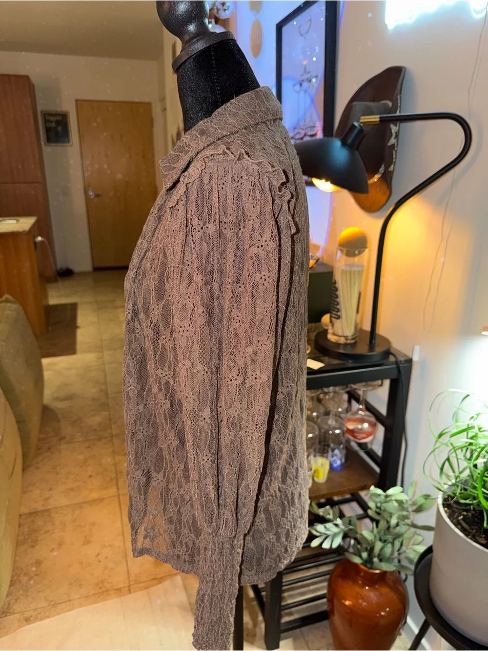Amber Sceats Brown Sheer Lace Button-Up Shirt | Vintage Romantic Layer