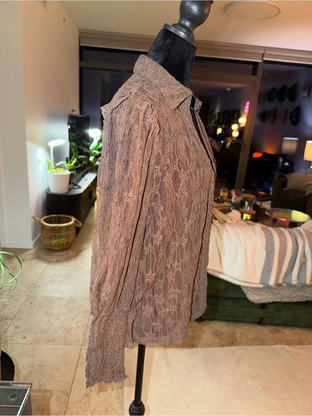 Amber Sceats Brown Sheer Lace Button-Up Shirt | Vintage Romantic Layer