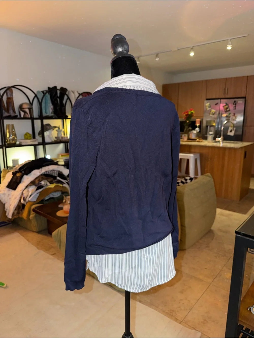 Adrianna Papell Navy V-Neck Sweater with Striped Shirt Layer | Polished Preppy Chic