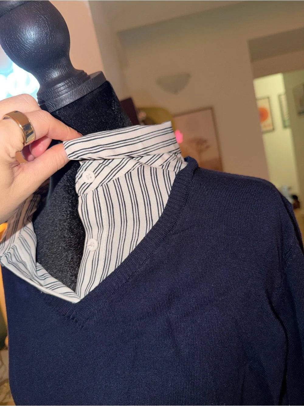 Adrianna Papell Navy V-Neck Sweater with Striped Shirt Layer | Polished Preppy Chic