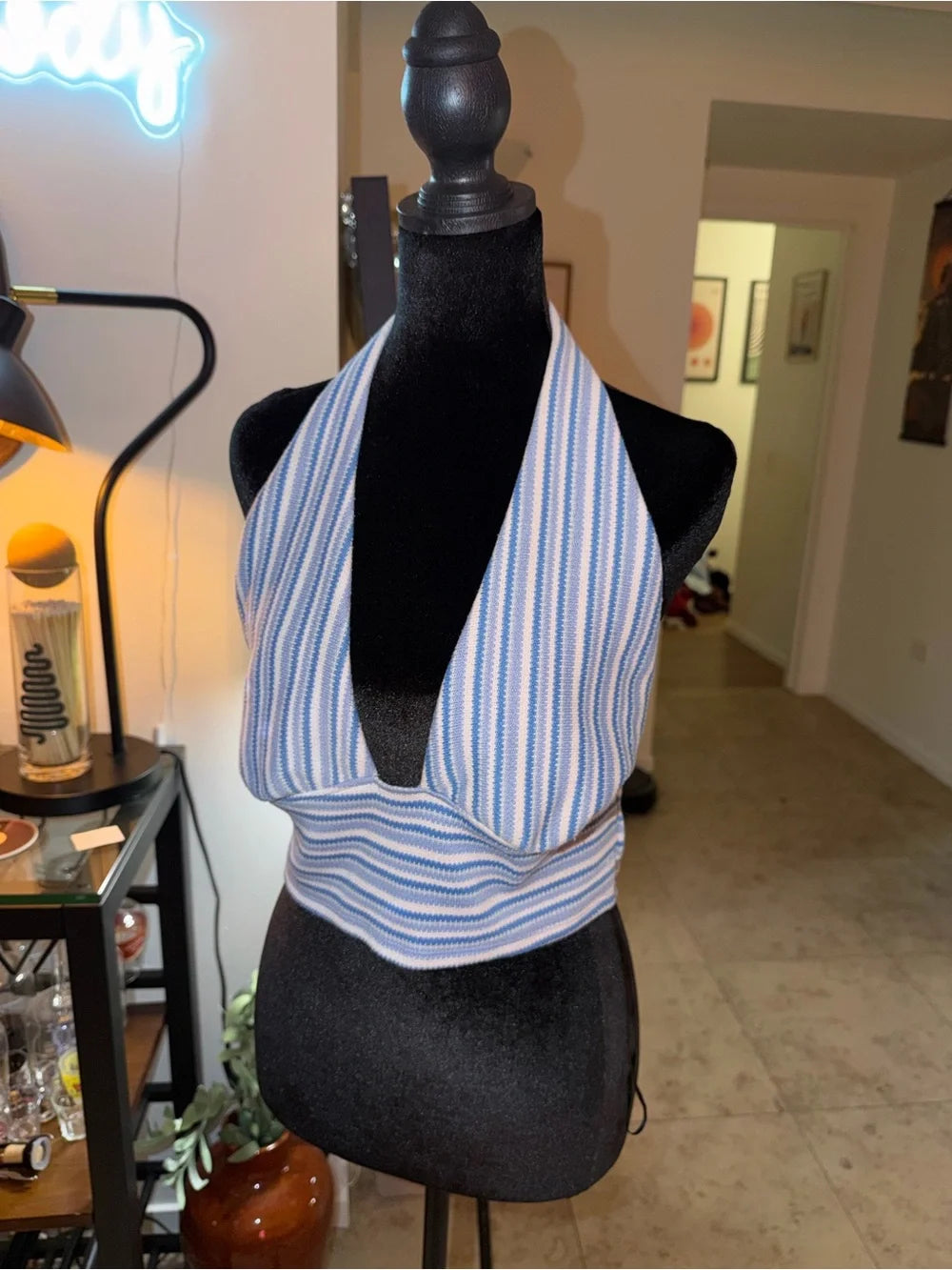 Divided Blue & White Striped Knit Halter Crop Top | Summer Beach Chic