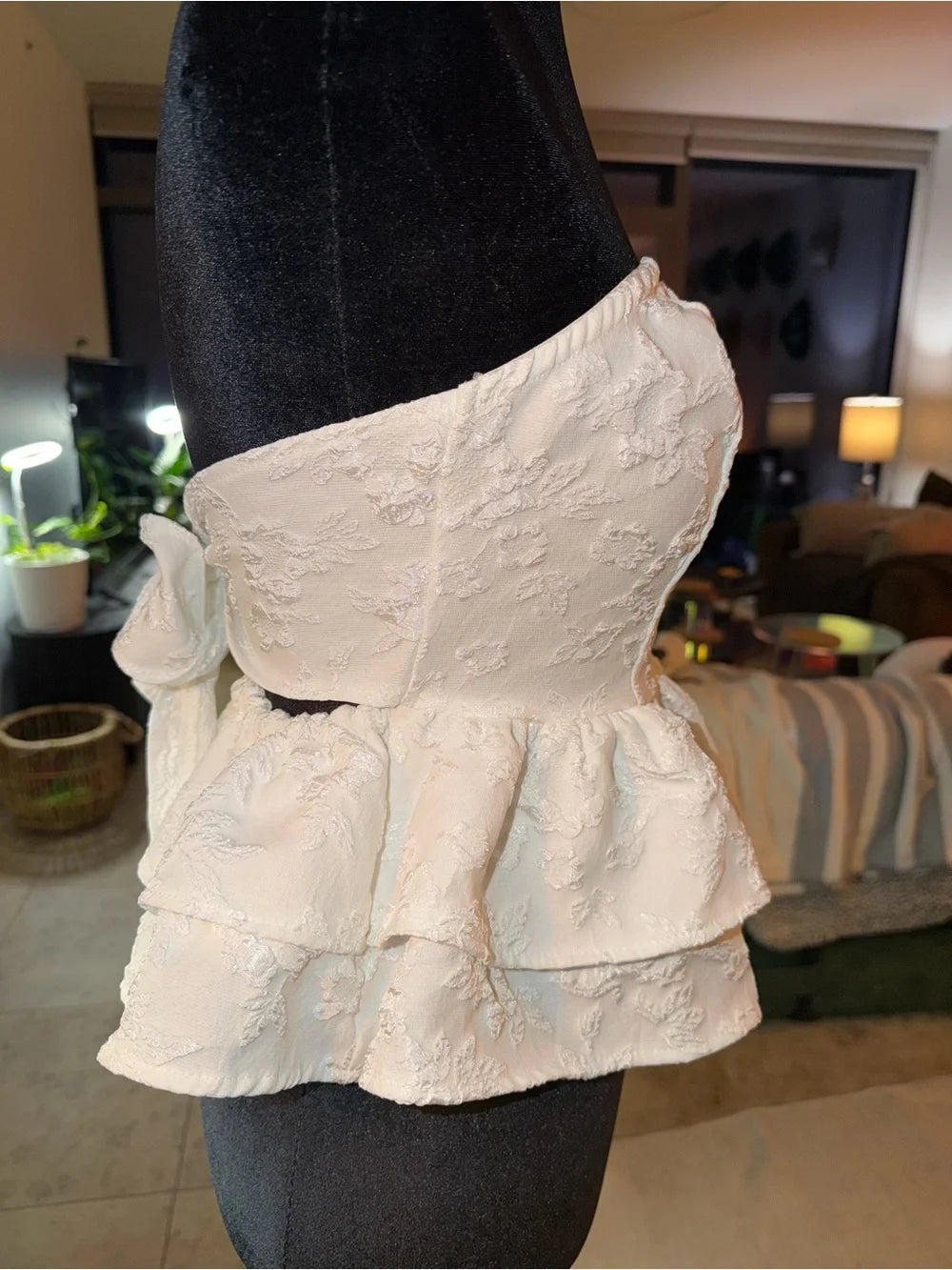 SHEIN White Strapless Peplum Top | Floral Textured Date Night Chic